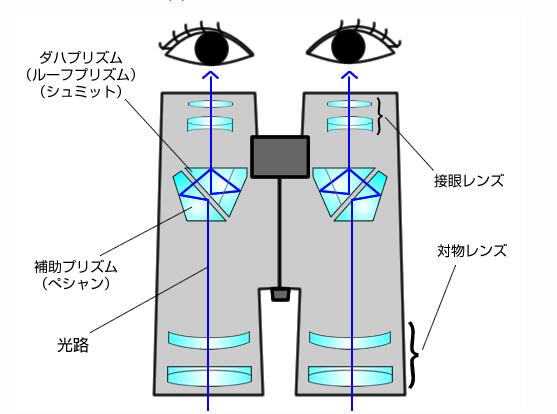 ダハ式双眼鏡の光路図